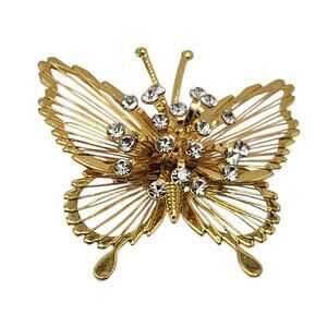 Vintage Rhinestone Butterfly Brooch Gold Tone Openwork Wings